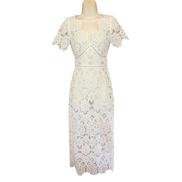 Self Portrait Guipure V-Neck Lace  Midi Dress in Beige NWT Size 2 - Picture 4 of 9